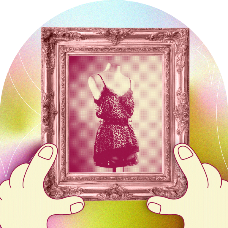 Photo of a cheetah print top in a vintage frame held up by cartoon hands