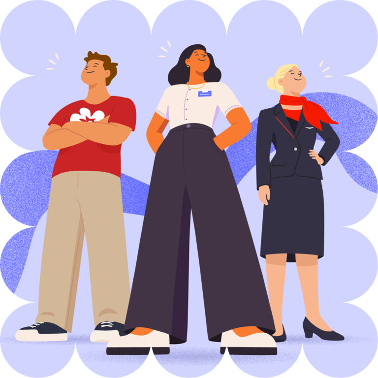 An illustration of three people standing proudly in uniform on a pale purple background