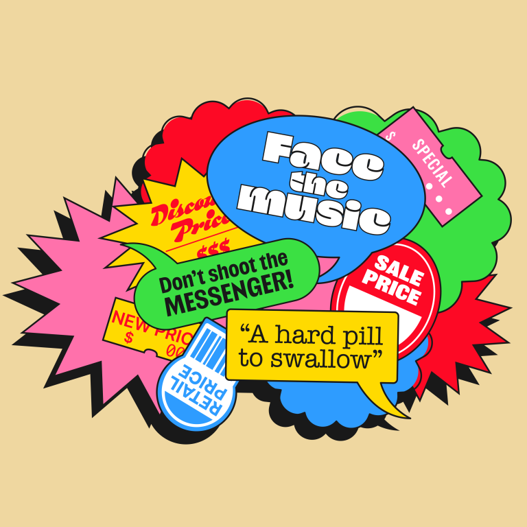 Illustration of a cluster of sale stickers and voice bubbles with messages like "Face the music" and "Don't shoot the messenger!"