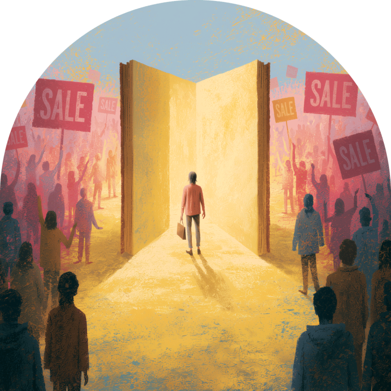 Illustration of a person walking into a glowing book-like door, surrounded by people with sale signs